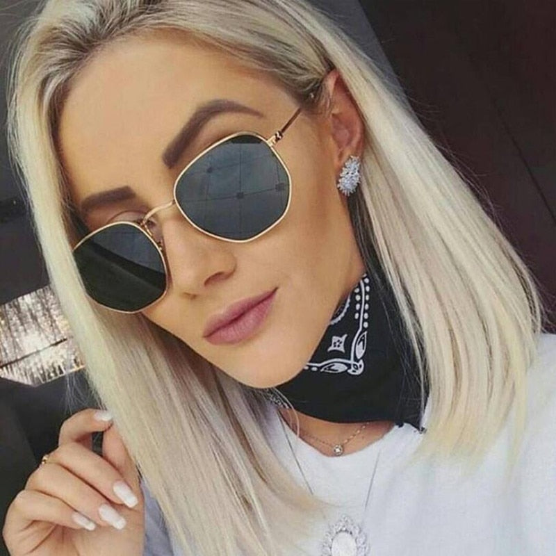 Fashion Sunglasses Women Brand Designer Small Frame Polygon Clear Lens Sunglasses Men Vintage Sun Glasses Hexagon Metal Frame